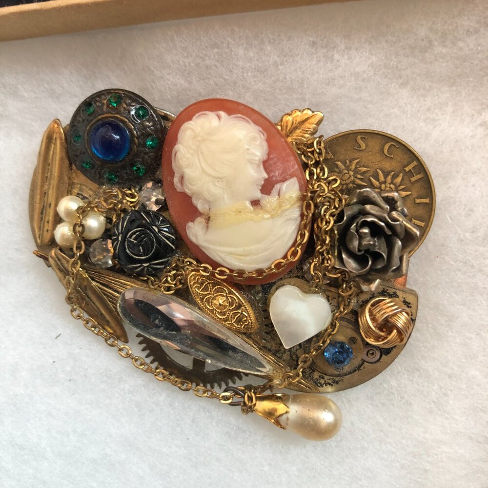 Hand- crafted antique collage pin
